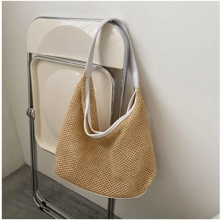Aesthetic Boho Woven Bag Women Kawaii Wicker Purse Coquette Tote Bag Fairycore Rattan Bag Cute Straw Crossbody Bag (White,One size)