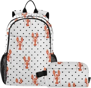 Aflyko Kid Backpack with Lunch Box Lobster Polka Dot Back to School Bookbag for Boys Girls Primary Daycare Daypack Laptop Pack Hiking Camping Travel