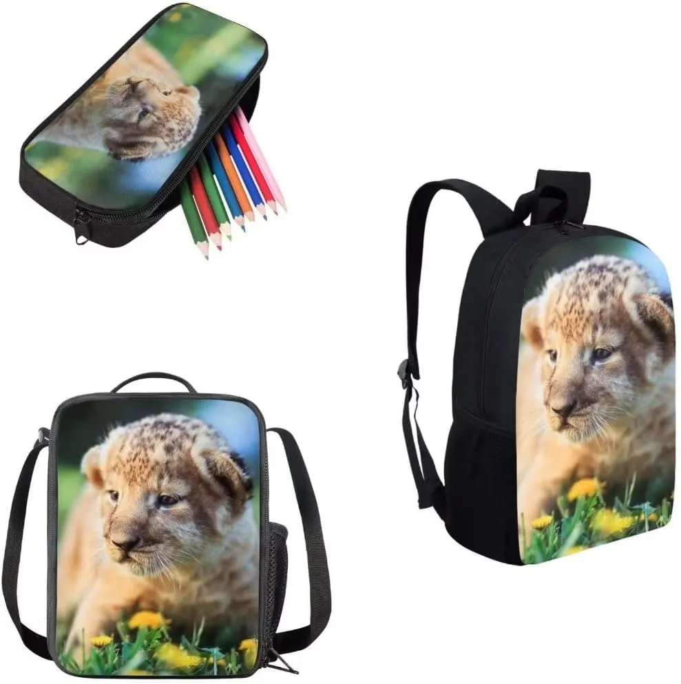 African Lion Lightweight Travel School Backpack Set with Lunch Bag and Pencil Case for Girls Teens Kids