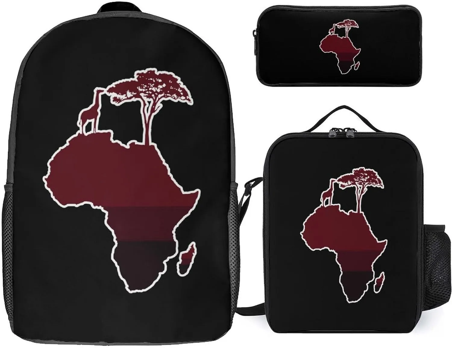 African Safari Map Silhouette Fashion 17 in Backpack 3PC Sets Cute Printed Insulated Lunch Bag Set with Pencil Case