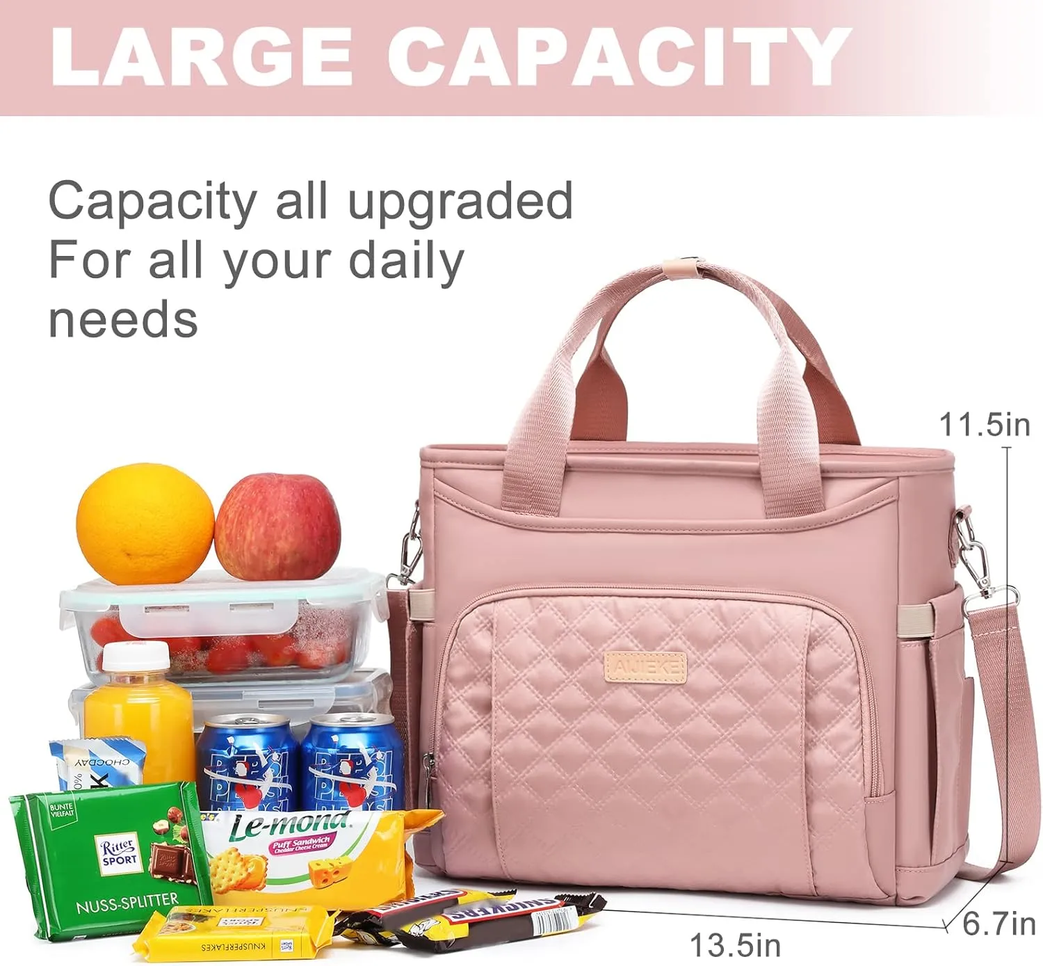 AIJIEKE Insulated Lunch Bag for Women, Lunch Box, Lunch Tote for Work, Large Leak Proof Cooler Bag with Removable Strap, Reusable Adult Lunchbag, Picnic, Office, Beach, Pink