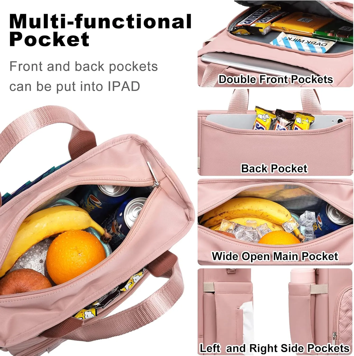 AIJIEKE Insulated Lunch Bag for Women, Lunch Box, Lunch Tote for Work, Large Leak Proof Cooler Bag with Removable Strap, Reusable Adult Lunchbag, Picnic, Office, Beach, Pink
