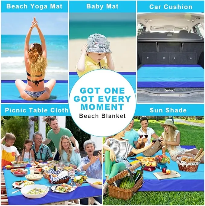 Ainiv Beach Blanket Beach Mat, Sandproof Waterproof Beach Mat, Extra Large 108 * 118 in (8-10People) Picnic Blanket with 1 Storage Bag, 1 Carabiner & 4 Fixed Nails for Beach, Camping, Hiking, Picnic