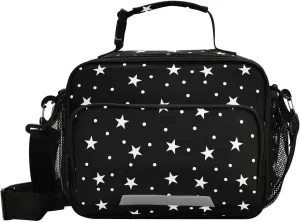 ALAZA Star and Polka Dots Black Lunch Bag Reusable Insulated Cooler Lunch Tote Bag with Adjustable Shoulder Strap for Office Work Picnic Travel,Size 11 X 4.33 X 9.05 inch
