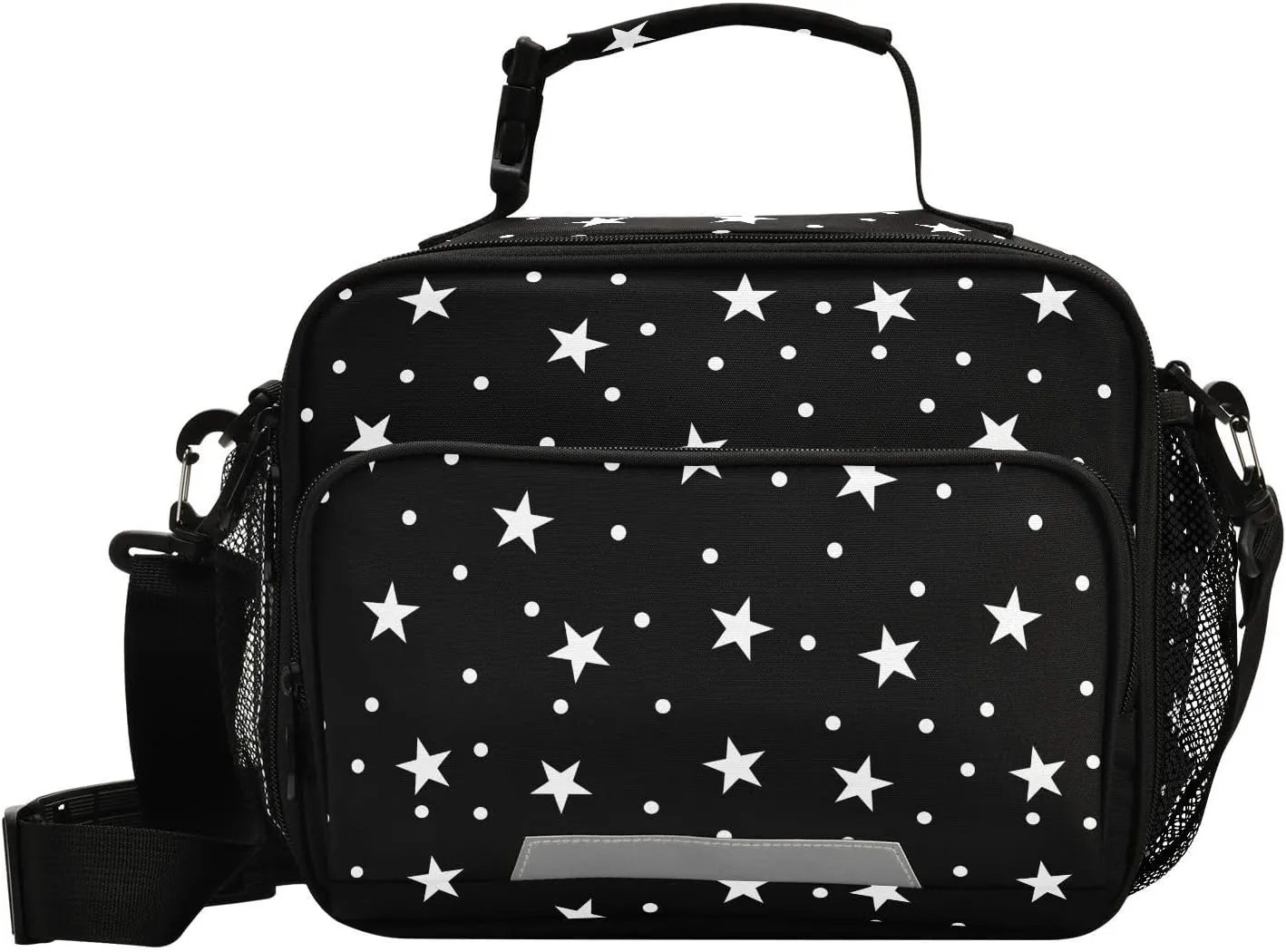 ALAZA Star and Polka Dots Black Lunch Bag Reusable Insulated Cooler Lunch Tote Bag with Adjustable Shoulder Strap for Office Work Picnic Travel,Size 11 X 4.33 X 9.05 inch
