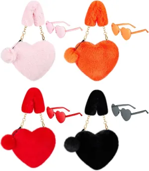Aliceset 4 Sets Valentine‘s Day Furry Purse Heart Shaped Furry Purse Glasses Set, Fluffy Love Shaped Wallet, Soft Faux Fur Handbag for Women Ladies Happy Valentine's Gifts
