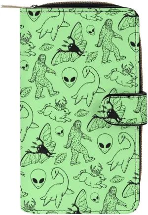 Aliens Bigfoot Savage Dinosaurs Green Funny RFID Blocking Wallet Slim Clutch Organizer Purse with Credit Card Slots for Men and Women