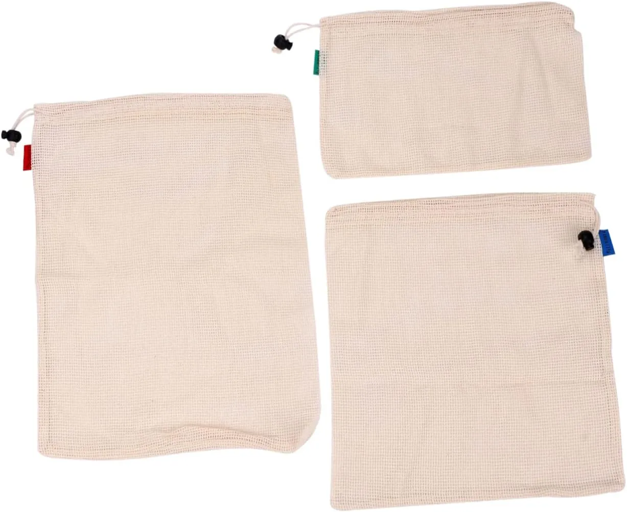 Alipis Cotton Mesh Fruit Veg Bags Shopping Storage Net Bags Drawstring Handbags Lightweight (3 Sizes 43x30cm 35x30cm 20x30cm)