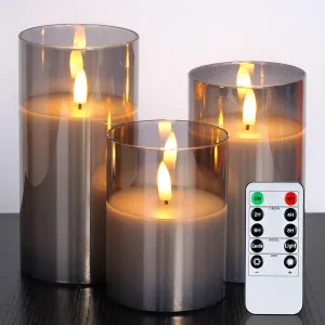 Amagic Glass Flameless Candles, Battery Operated Candles, LED Pillar Candles with Remote Control and Timer, Electric Fake Candles, Wax, Grey Glass, D3 H4 5" 6", Set of 3