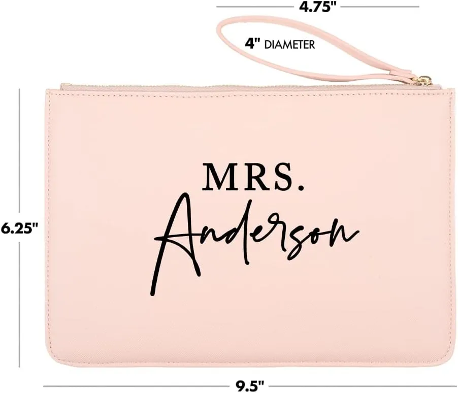 Andaz Press Personalized Vegan Leather Wristlet Clutch Purse Pouch Bag for Bride, Classic Modern Mrs., Cosmetic Bag for Wedding, Bachelorette Party, Bridal Shower Engagement Gift Honeymoon, 1-Pack