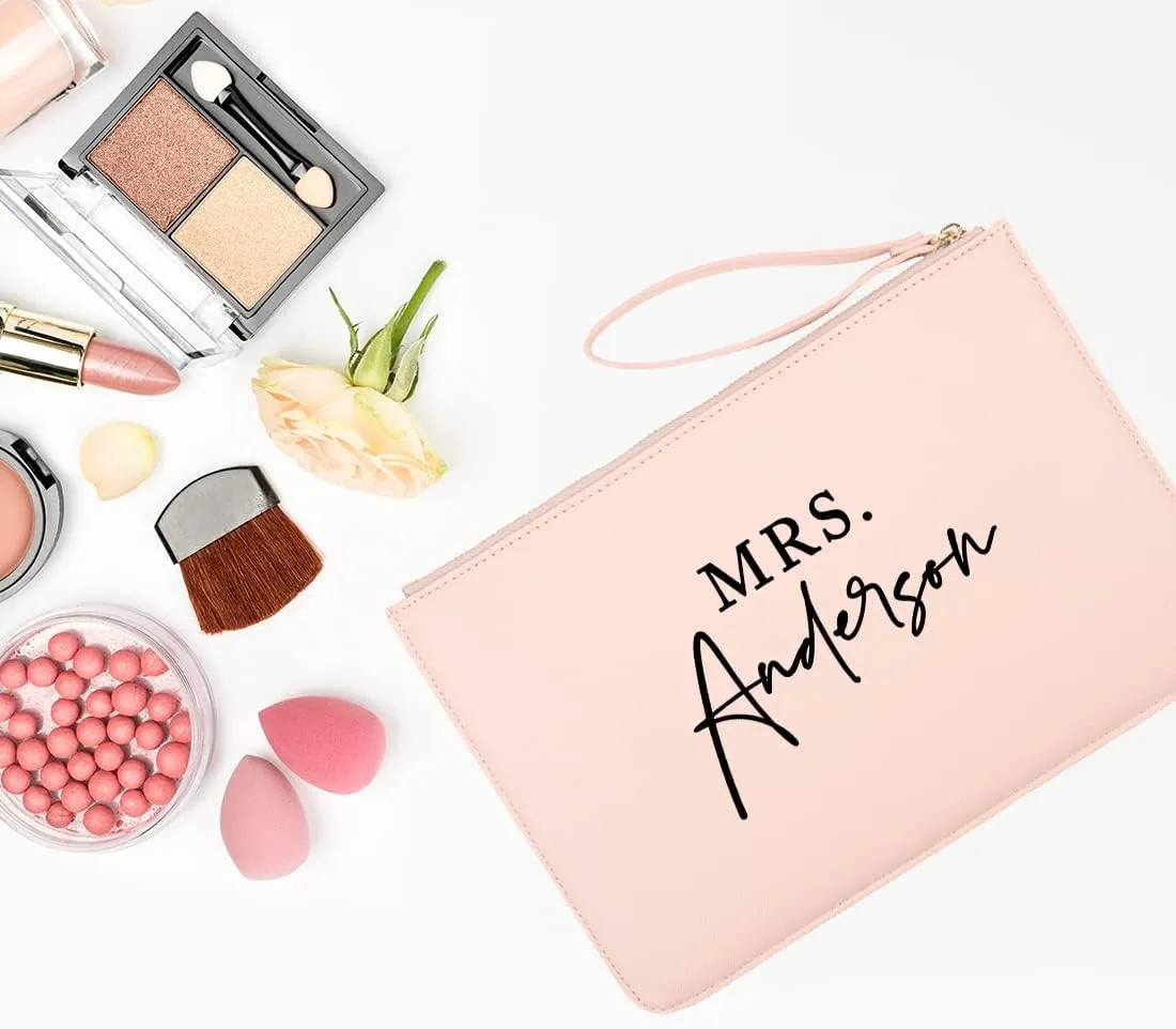 Andaz Press Personalized Vegan Leather Wristlet Clutch Purse Pouch Bag for Bride, Classic Modern Mrs., Cosmetic Bag for Wedding, Bachelorette Party, Bridal Shower Engagement Gift Honeymoon, 1-Pack