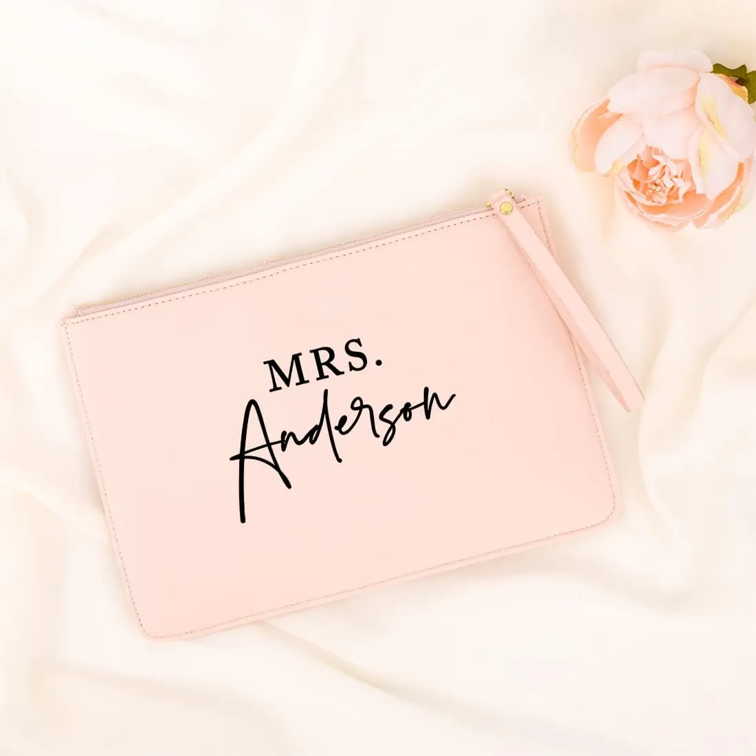 Andaz Press Personalized Vegan Leather Wristlet Clutch Purse Pouch Bag for Bride, Classic Modern Mrs., Cosmetic Bag for Wedding, Bachelorette Party, Bridal Shower Engagement Gift Honeymoon, 1-Pack