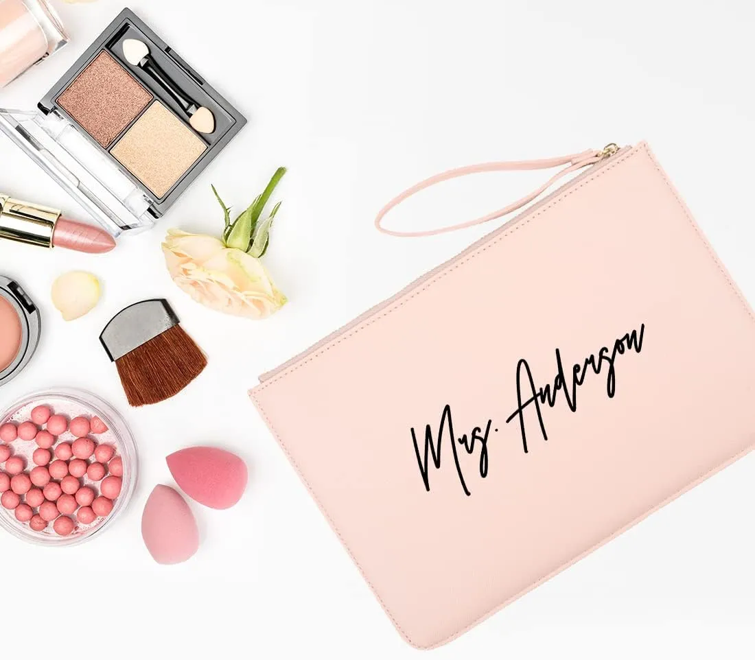 Andaz Press Personalized Vegan Leather Wristlet Clutch Purse Pouch Bag for Bride, Classic Mrs. Cosmetic Bag for Bride to Be Wedding Day, Bachelorette, Bridal Shower, Engagement Gift, Honeymoon, 1-Pack
