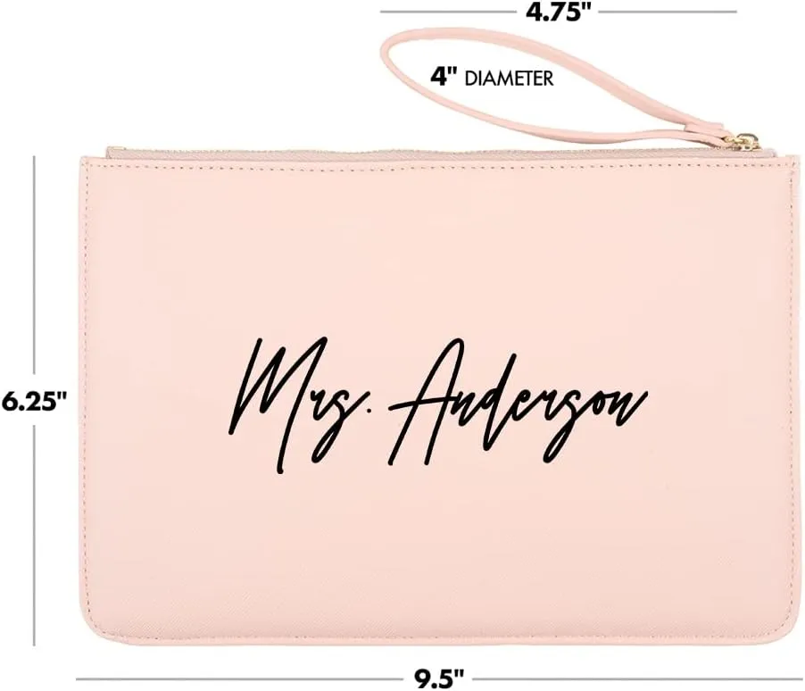 Andaz Press Personalized Vegan Leather Wristlet Clutch Purse Pouch Bag for Bride, Classic Mrs. Cosmetic Bag for Bride to Be Wedding Day, Bachelorette, Bridal Shower, Engagement Gift, Honeymoon, 1-Pack