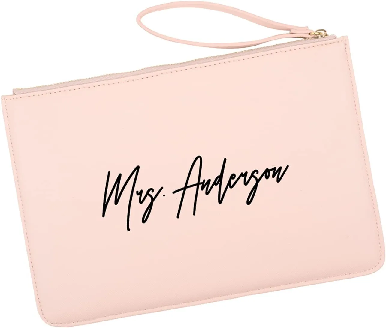 Andaz Press Personalized Vegan Leather Wristlet Clutch Purse Pouch Bag for Bride, Classic Mrs. Cosmetic Bag for Bride to Be Wedding Day, Bachelorette, Bridal Shower, Engagement Gift, Honeymoon, 1-Pack