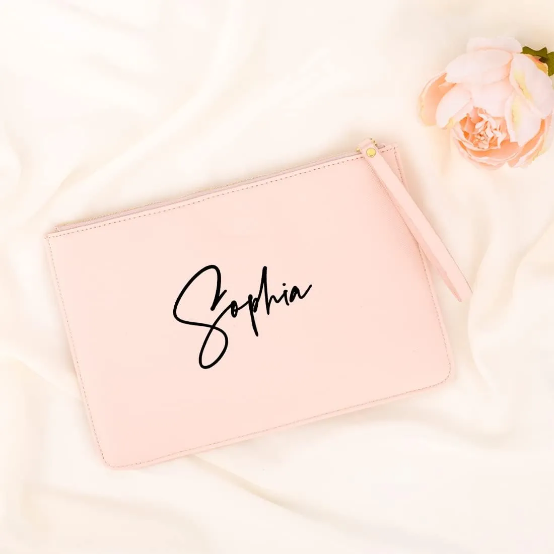 Andaz Press Personalized Vegan Leather Wristlet Clutch Purse Pouch Bag for Women, Bridesmaid Proposal Gifts Cursive Custom Name Cosmetic Bag for Wedding Bachelorette Bridal Shower Bridal Party, 1-Pack