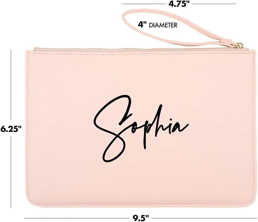 Andaz Press Personalized Vegan Leather Wristlet Clutch Purse Pouch Bag for Women, Bridesmaid Proposal Gifts Cursive Custom Name Cosmetic Bag for Wedding Bachelorette Bridal Shower Bridal Party, 1-Pack