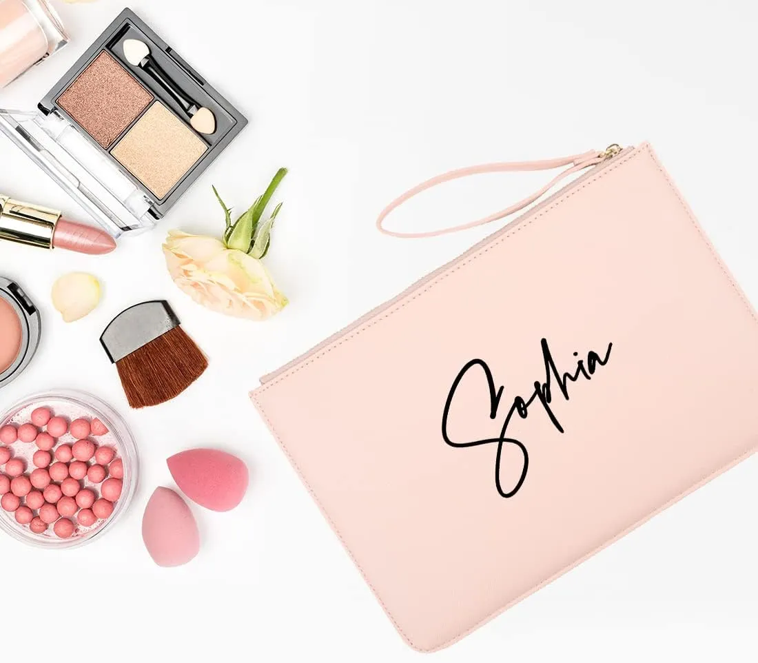 Andaz Press Personalized Vegan Leather Wristlet Clutch Purse Pouch Bag for Women, Bridesmaid Proposal Gifts Cursive Custom Name Cosmetic Bag for Wedding Bachelorette Bridal Shower Bridal Party, 1-Pack
