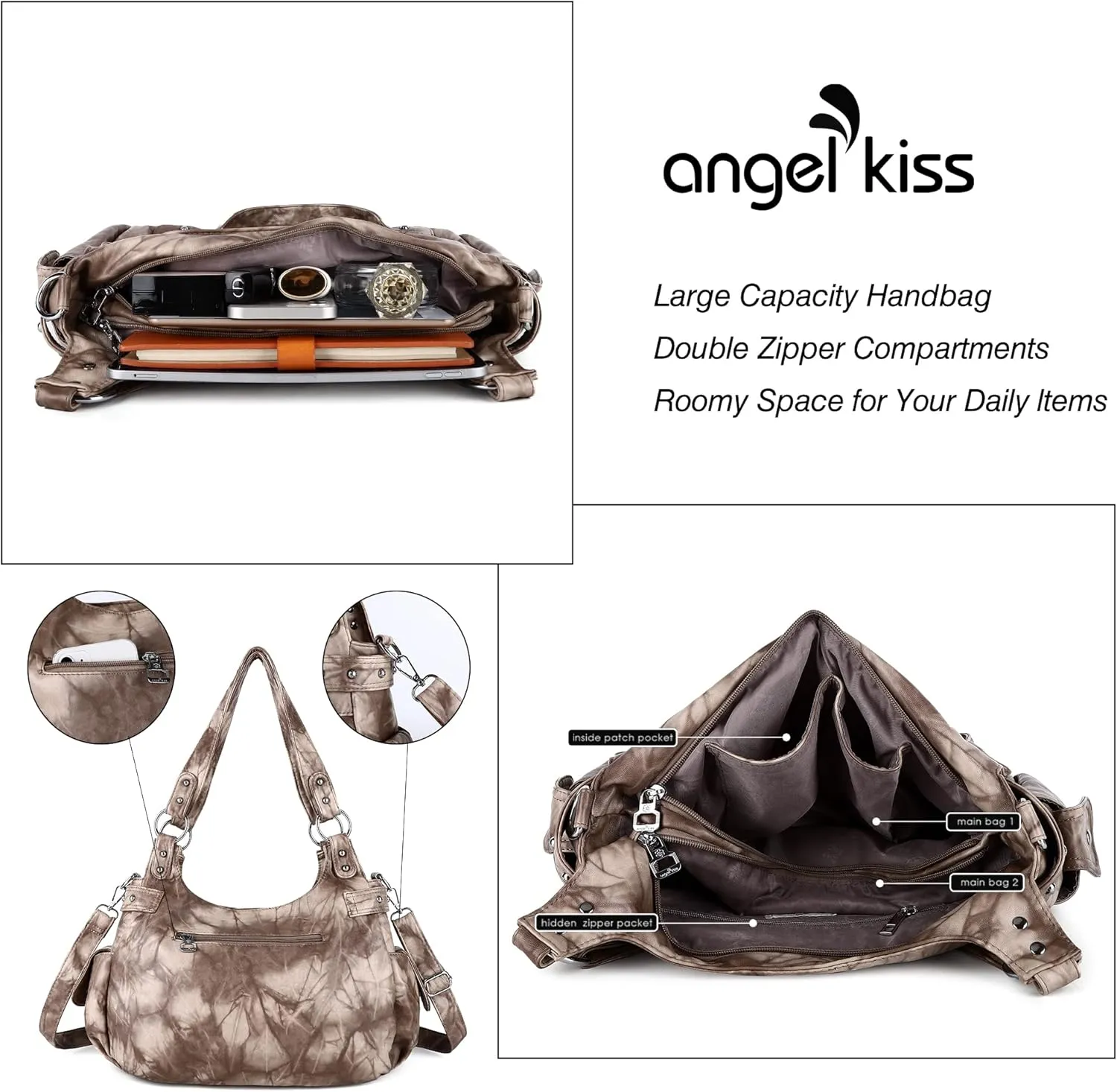 Angelkiss Large Purses and Handbags for Women Washed Faux Leather Crossbody Hobo Satchel Shoulder Handbag Tote Purse