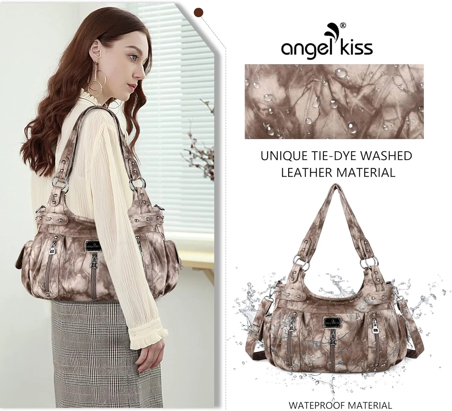 Angelkiss Large Purses and Handbags for Women Washed Faux Leather Crossbody Hobo Satchel Shoulder Handbag Tote Purse
