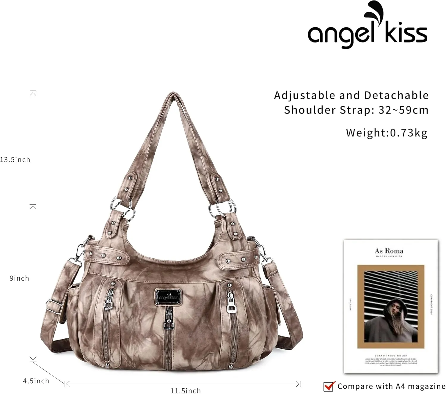 Angelkiss Large Purses and Handbags for Women Washed Faux Leather Crossbody Hobo Satchel Shoulder Handbag Tote Purse