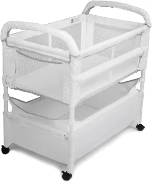Arm’s Reach Clear-Vue Co-Sleeper Bedside Bassinet Featuring Clear Mesh Panels with Fold-Down Side, Large Attached Storage Basket, 4 Wheels, and Height-Adjustable Legs, White