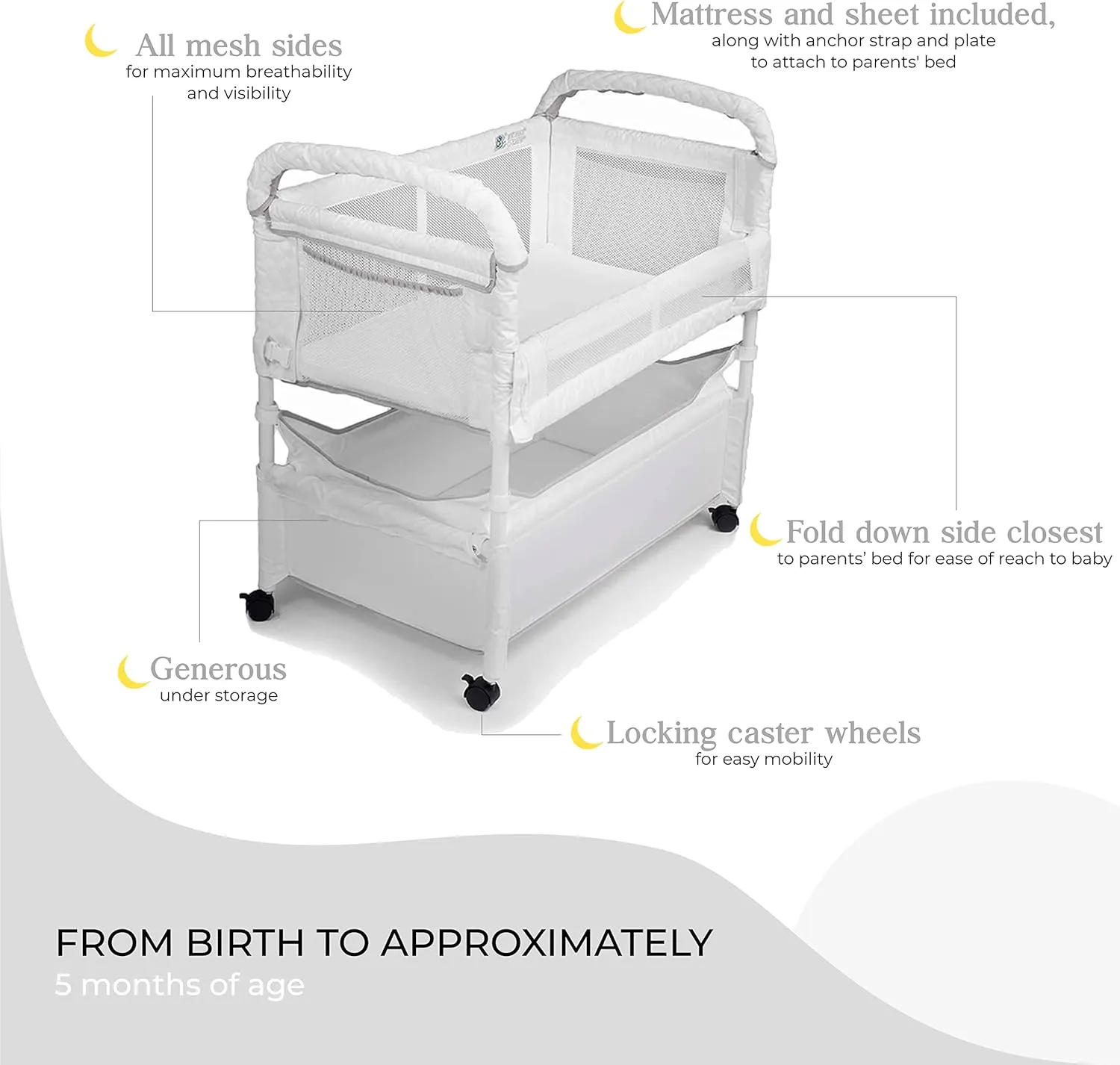 Arm’s Reach Clear-Vue Co-Sleeper Bedside Bassinet Featuring Clear Mesh Panels with Fold-Down Side, Large Attached Storage Basket, 4 Wheels, and Height-Adjustable Legs, White