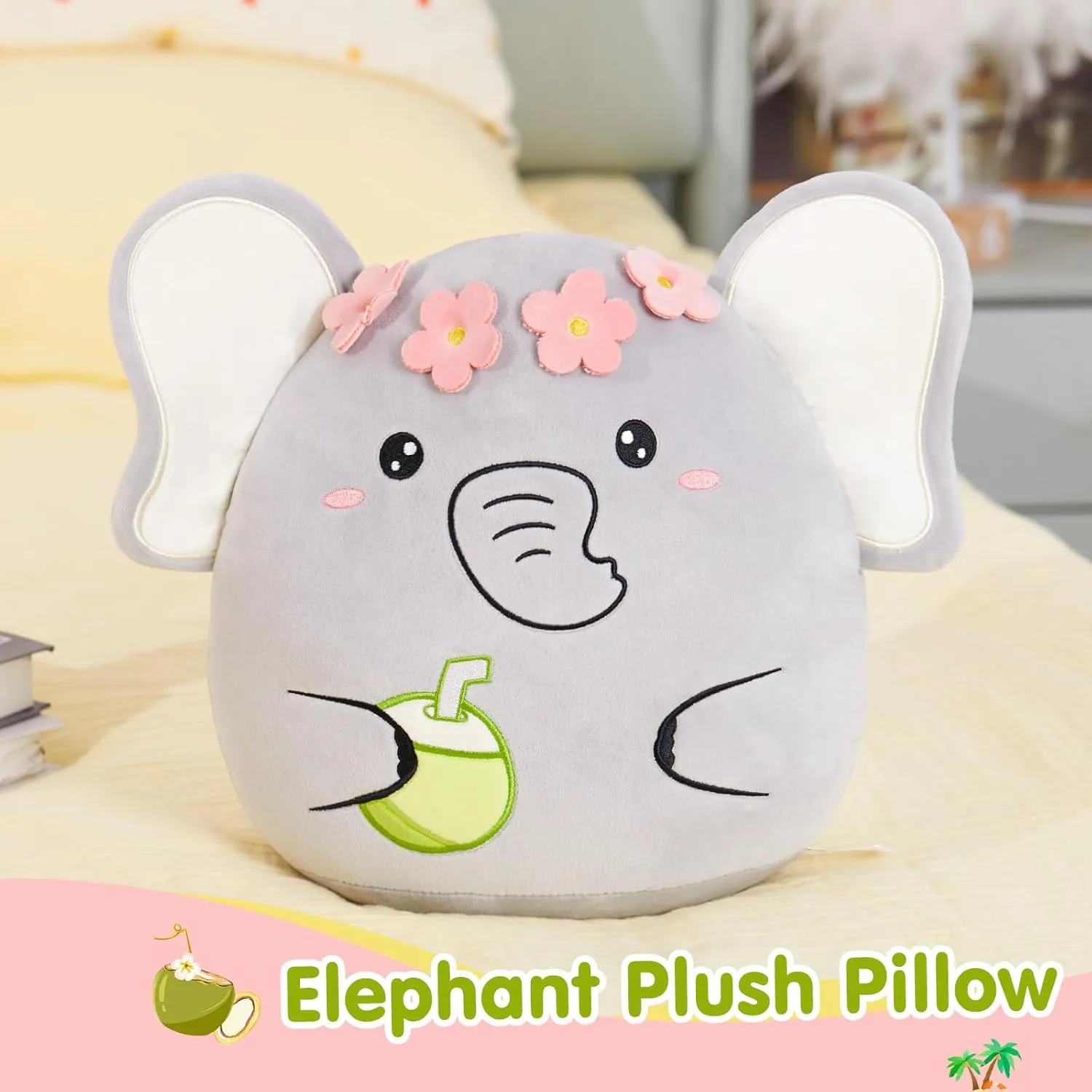 Athionsu 12-Inch Adorable Elephant Plush Toy Flower Crown with Coconut Detail for Toddler Kids and Boys, Great for Bedroom Decor and Cuddling