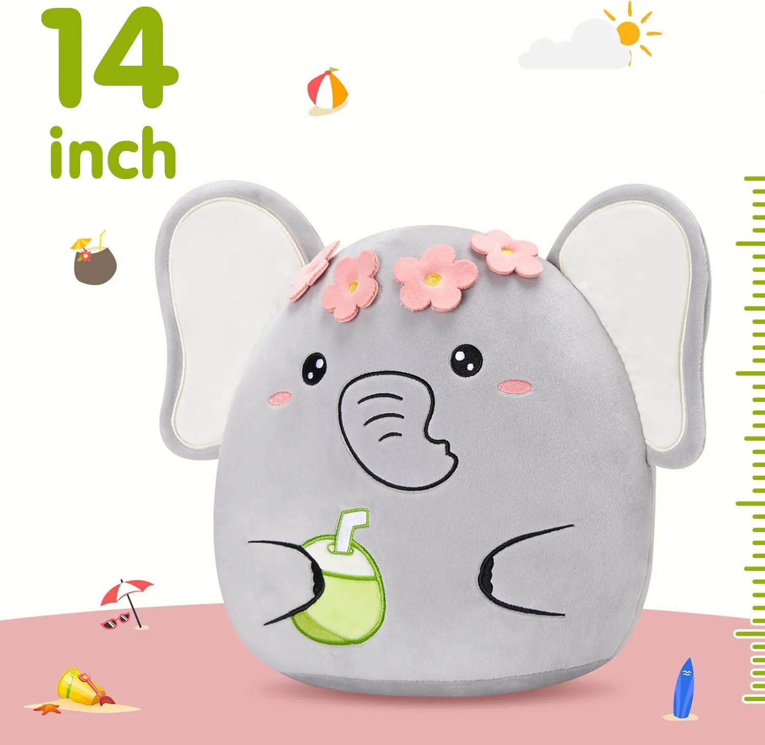 Athionsu 12-Inch Adorable Elephant Plush Toy Flower Crown with Coconut Detail for Toddler Kids and Boys, Great for Bedroom Decor and Cuddling
