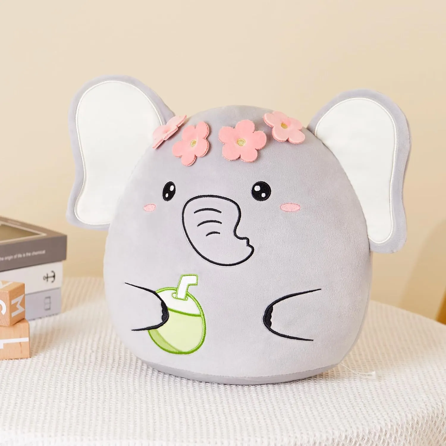 Athionsu 12-Inch Adorable Elephant Plush Toy Flower Crown with Coconut Detail for Toddler Kids and Boys, Great for Bedroom Decor and Cuddling