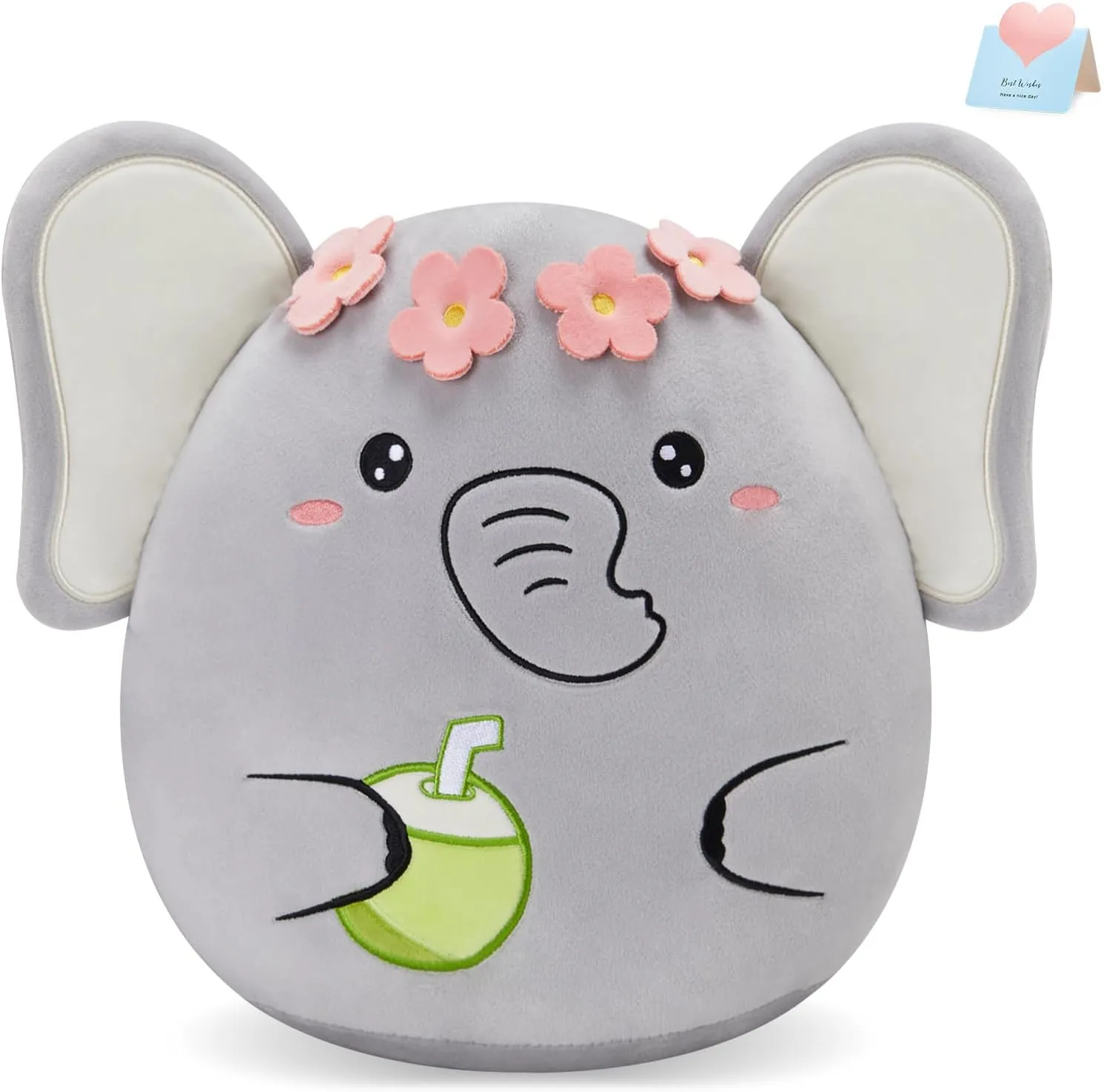 Athionsu 12-Inch Adorable Elephant Plush Toy Flower Crown with Coconut Detail for Toddler Kids and Boys, Great for Bedroom Decor and Cuddling