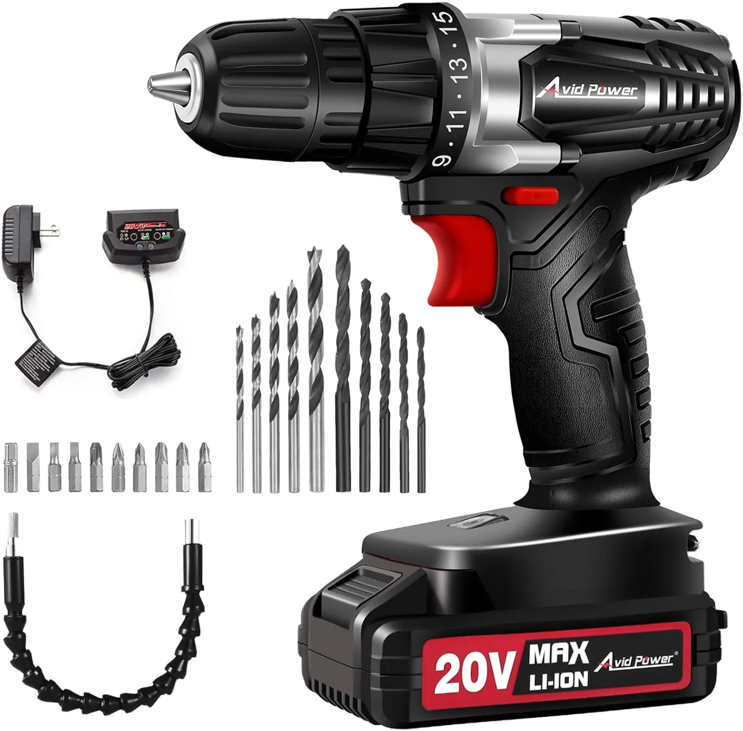 AVID POWER 20V MAX Lithium lon Cordless Drill, Power Drill Set with 3/8-Inch Keyless Chuck, Variable Speed, 16 Position and 22pcs Bits (Black)