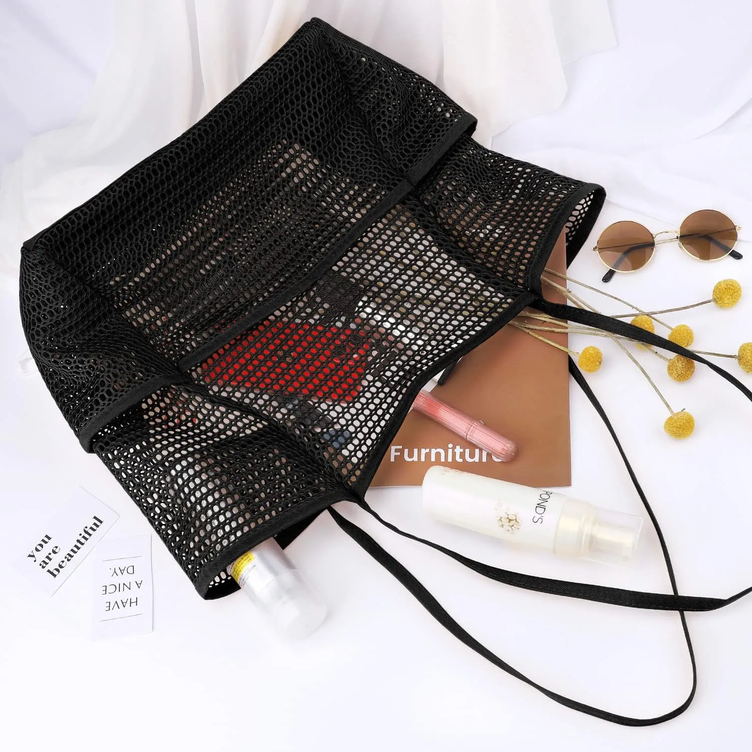 Ayieyill Mesh Beach Bag Tote Bag for Women, Foldable Swim Large Beach Tote Bag with Zipper Pockets Waterproof Sandproof