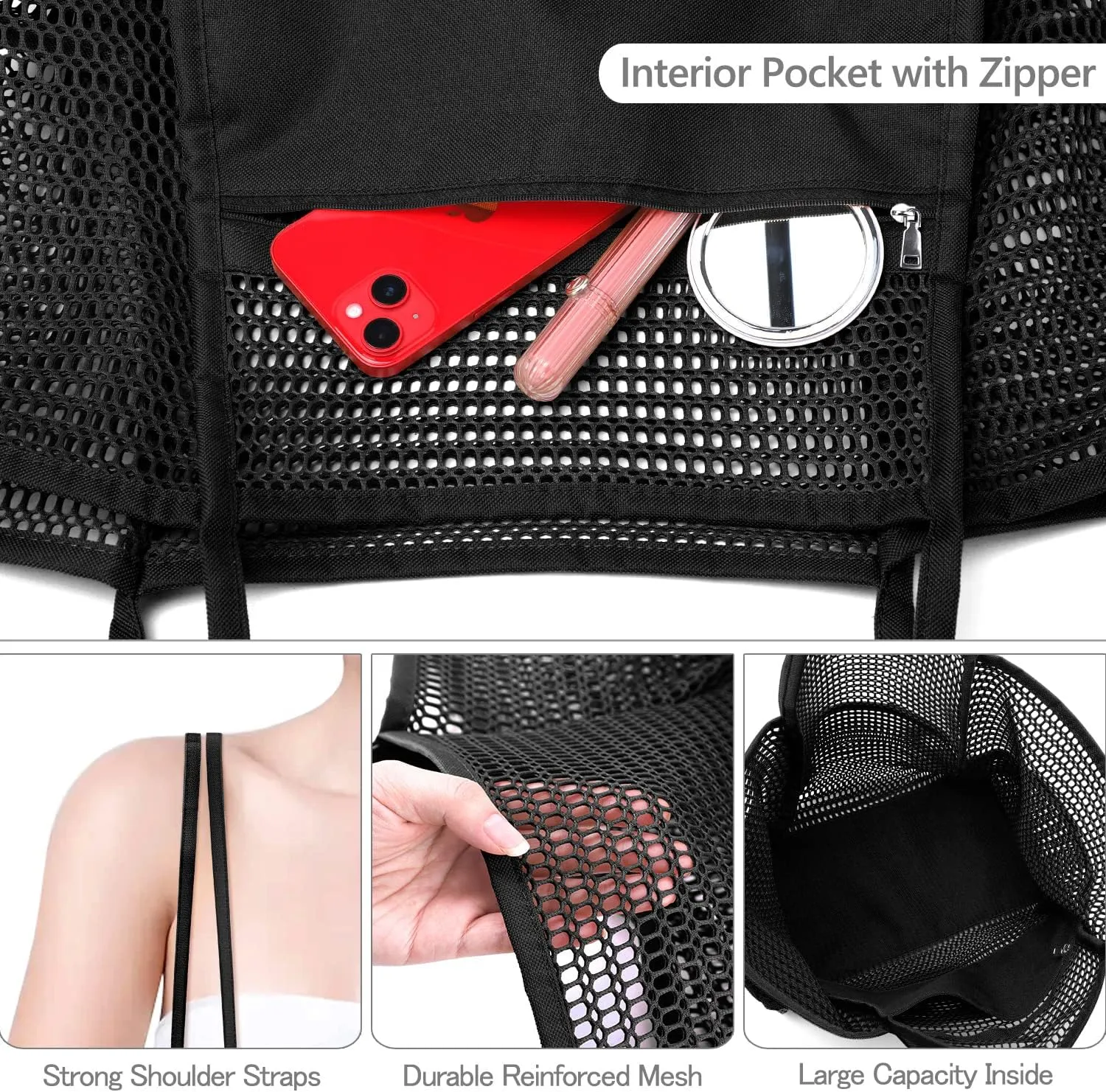Ayieyill Mesh Beach Bag Tote Bag for Women, Foldable Swim Large Beach Tote Bag with Zipper Pockets Waterproof Sandproof