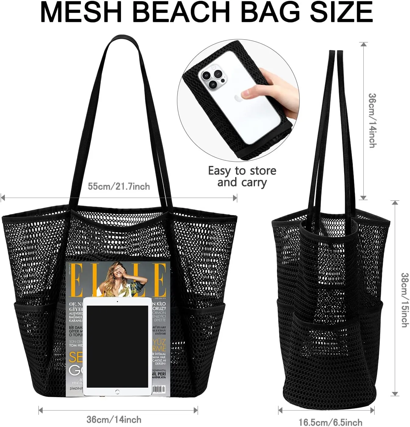 Ayieyill Mesh Beach Bag Tote Bag for Women, Foldable Swim Large Beach Tote Bag with Zipper Pockets Waterproof Sandproof