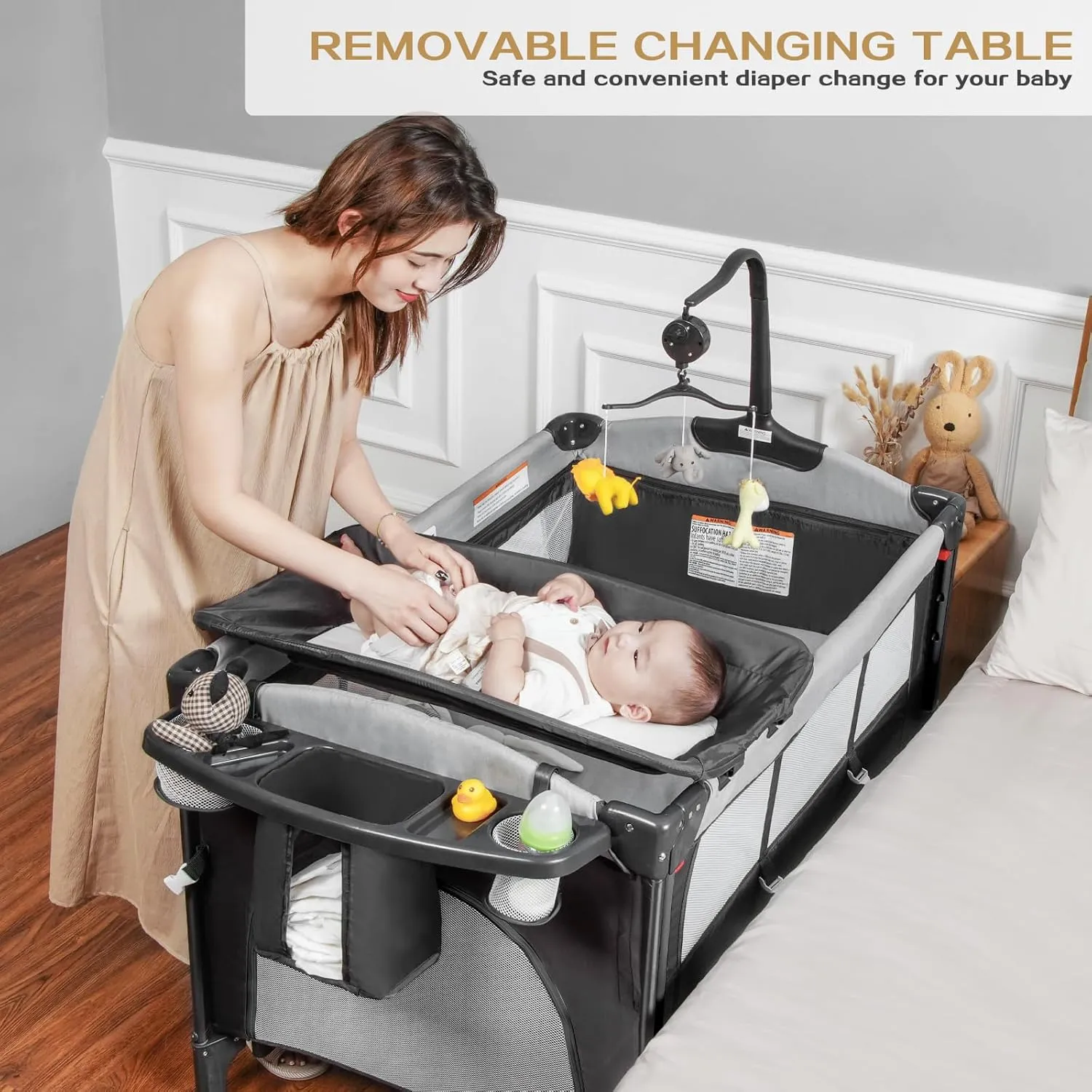 Baby Bassinet 5-in-1 Pack and Play Portable Crib for Baby Bed,Multifunction Bedside Crib from Newborn to Toddlers,Pack n Play,U-Shaped Diaper Changer,Playard,Safety Strap,Carry Bag