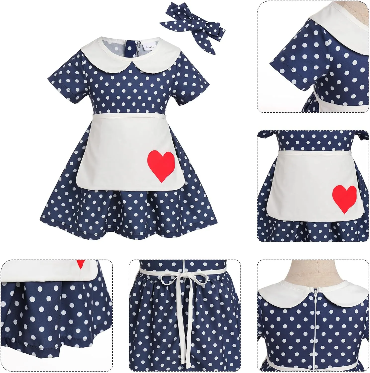 Baby Girls Housewife Cosplay Costume 50s 60s Polka Dot Apron Dress Headband Toddler First Halloween Birthday Outfits