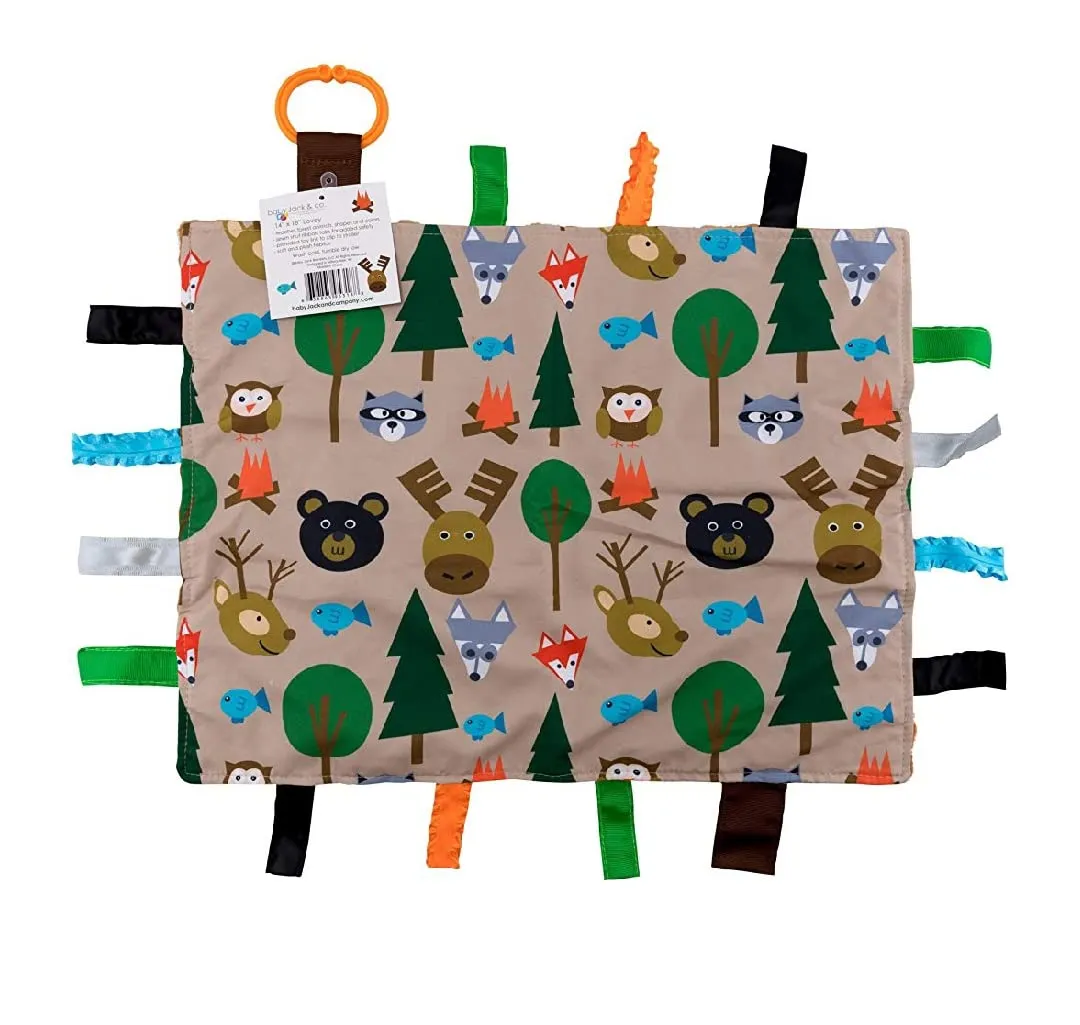 Baby Sensory, Security & Teething Closed Ribbon Tag Lovey Blanket with Minky Dot Fabric: 14”X18” (Forest)
