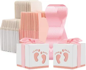 Baby Shower Bags,100 Pack Baby Shower Favor Boxes Footprints Paper Gift Boxes Newborn Baby Folding Box, Small Candy Boxes with Ribbon, Paper Newborn Party Gift Box for Baby Shower, Wedding, Birthday, Bridal Party (Pink)