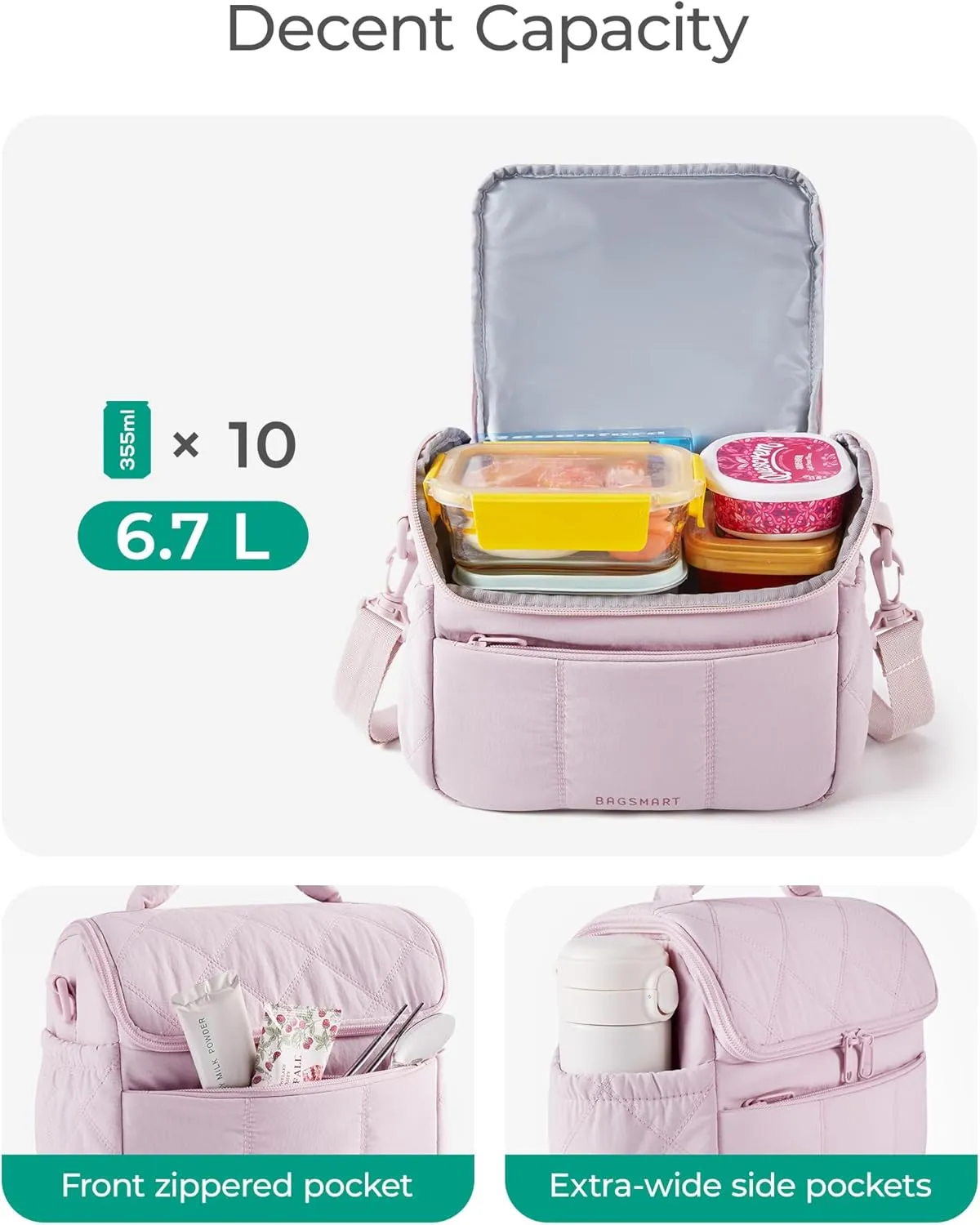 BAGSMART Insulated Lunch Bags for Women, Cute Quilted Lunch Box, Lightweight Puffy Padded Waterproof Lunch Tote, Reusable Lunch Cooler for Work Picnic Travel, Black