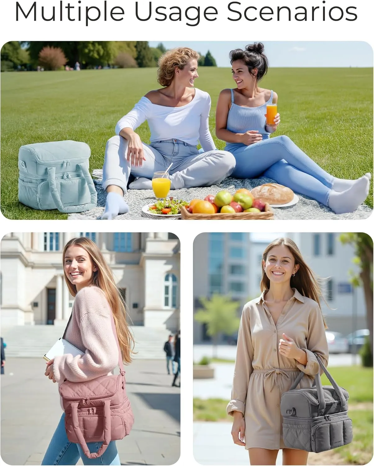 BAGSMART Lunch Bag Women, Double Deck Insulated Lunch Box, Quilted Puffer Lunch Tote, Leakproof, Durable & Reusable Large Lunch Cooler For Work Picnic Travel Meal Prep, Pink