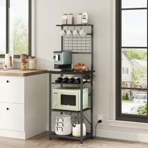 Bakers Rack with Power Outlet, Coffee Bar Station with Wine Rack, Bakers Racks for Small Spaces, Microwave Stand for Kitchen, Black BRBK23E01
