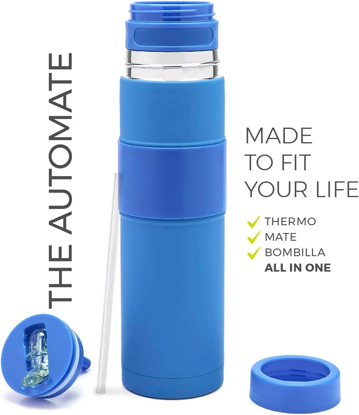 BALIBETOV - New - Stainless Steel Automate - Thermal bottle, Mate Cup and Bombilla All In One - No Need to Refill Every Time You Want to Drink (Blue)