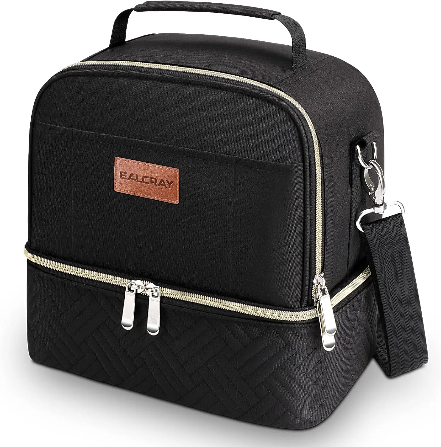 BALORAY Work Lunch Bag for Women: Double Deck Insulated Lunch Box with Quilting for Fashion Girls - Adult Reusable Meal Holder with Shoulder Strap for School Teacher & Office Black