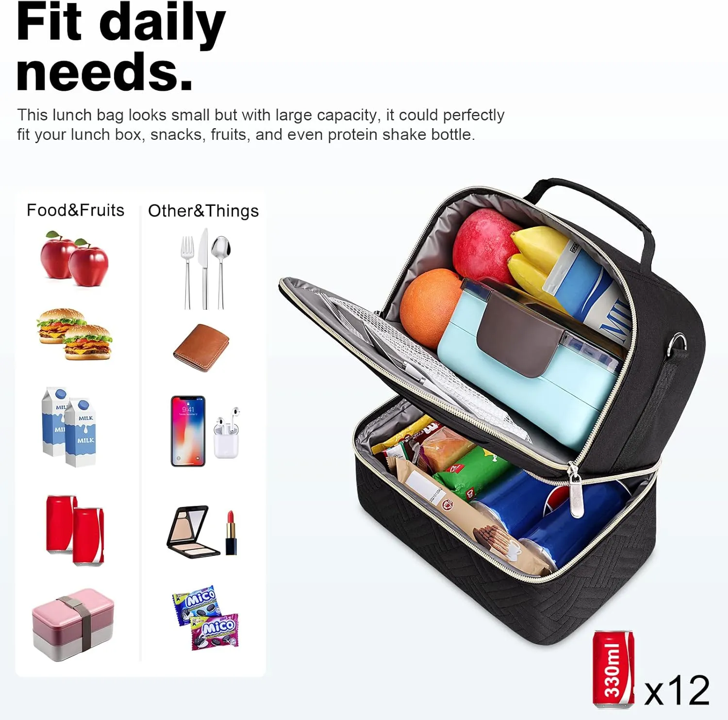 BALORAY Work Lunch Bag for Women: Double Deck Insulated Lunch Box with Quilting for Fashion Girls - Adult Reusable Meal Holder with Shoulder Strap for School Teacher & Office Black