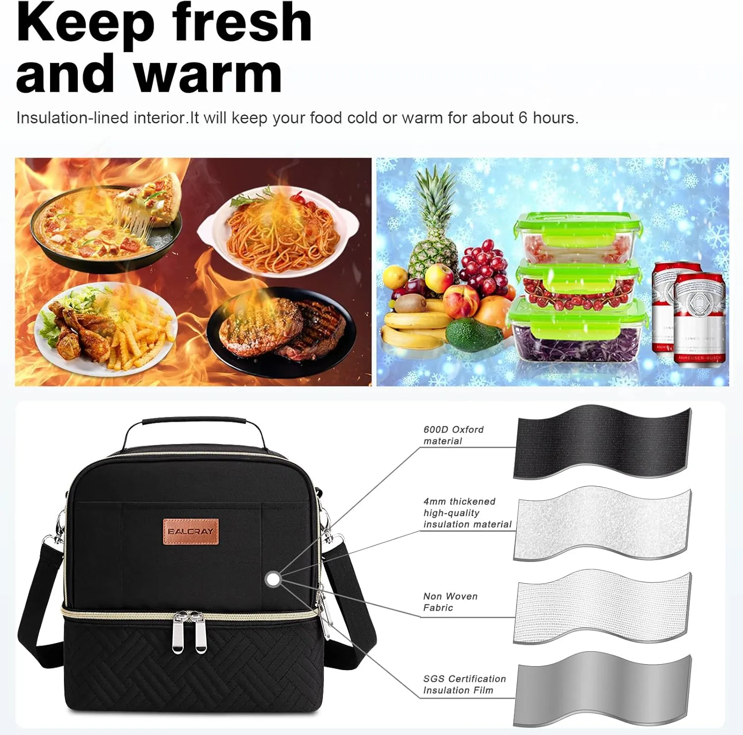 BALORAY Work Lunch Bag for Women: Double Deck Insulated Lunch Box with Quilting for Fashion Girls - Adult Reusable Meal Holder with Shoulder Strap for School Teacher & Office Black