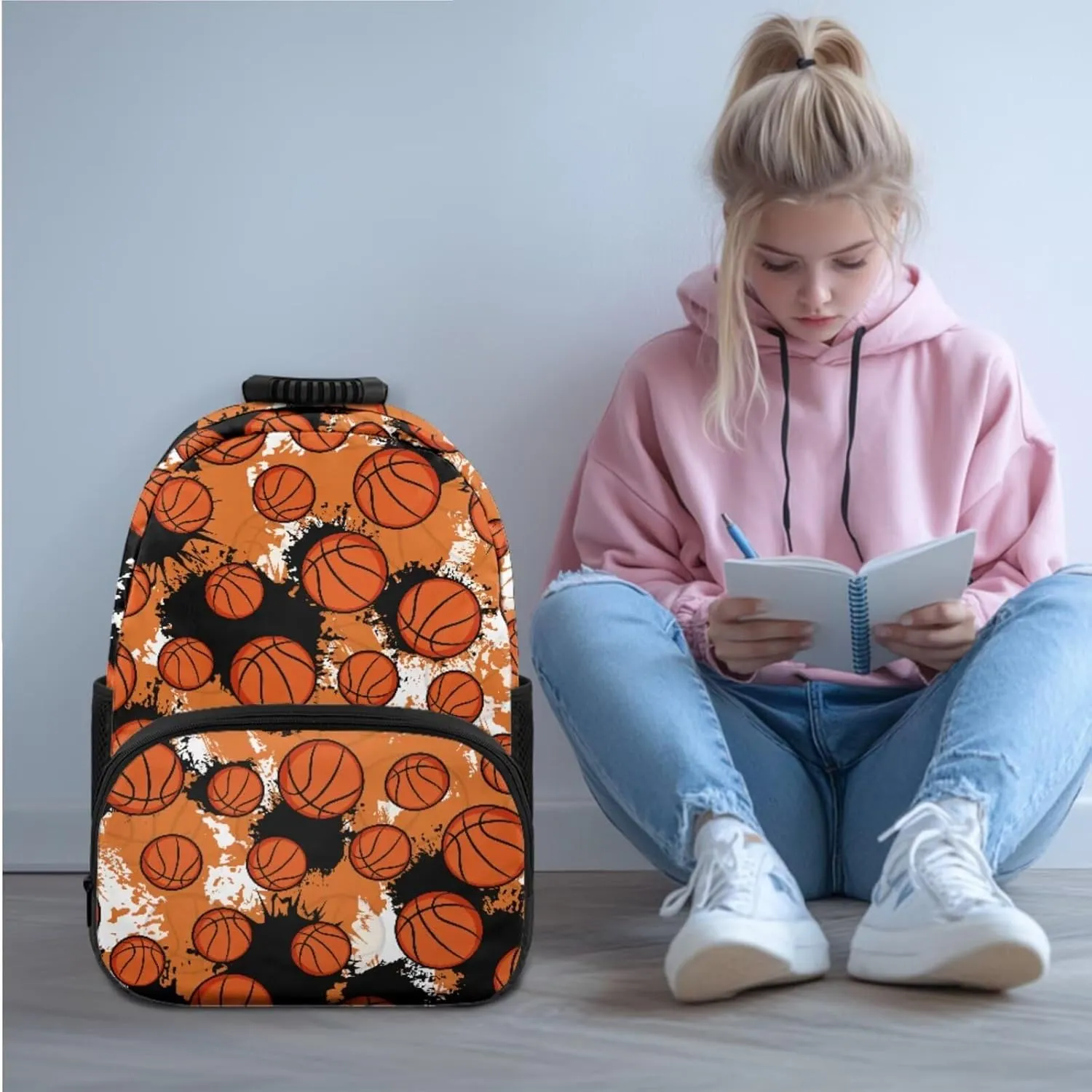 Basketball Print Back Packs School Boys Backpack and Lunch Box Set Practical Multi Compartment Girls Laptop Bookbag with Pencil Case Oil-proof for College