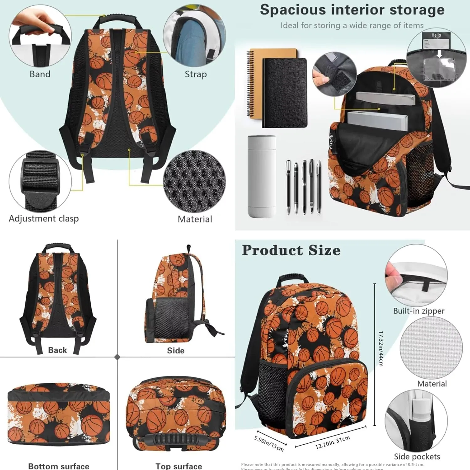 Basketball Print Back Packs School Boys Backpack and Lunch Box Set Practical Multi Compartment Girls Laptop Bookbag with Pencil Case Oil-proof for College