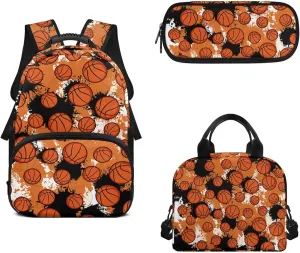 Basketball Print Back Packs School Boys Backpack and Lunch Box Set Practical Multi Compartment Girls Laptop Bookbag with Pencil Case Oil-proof for College