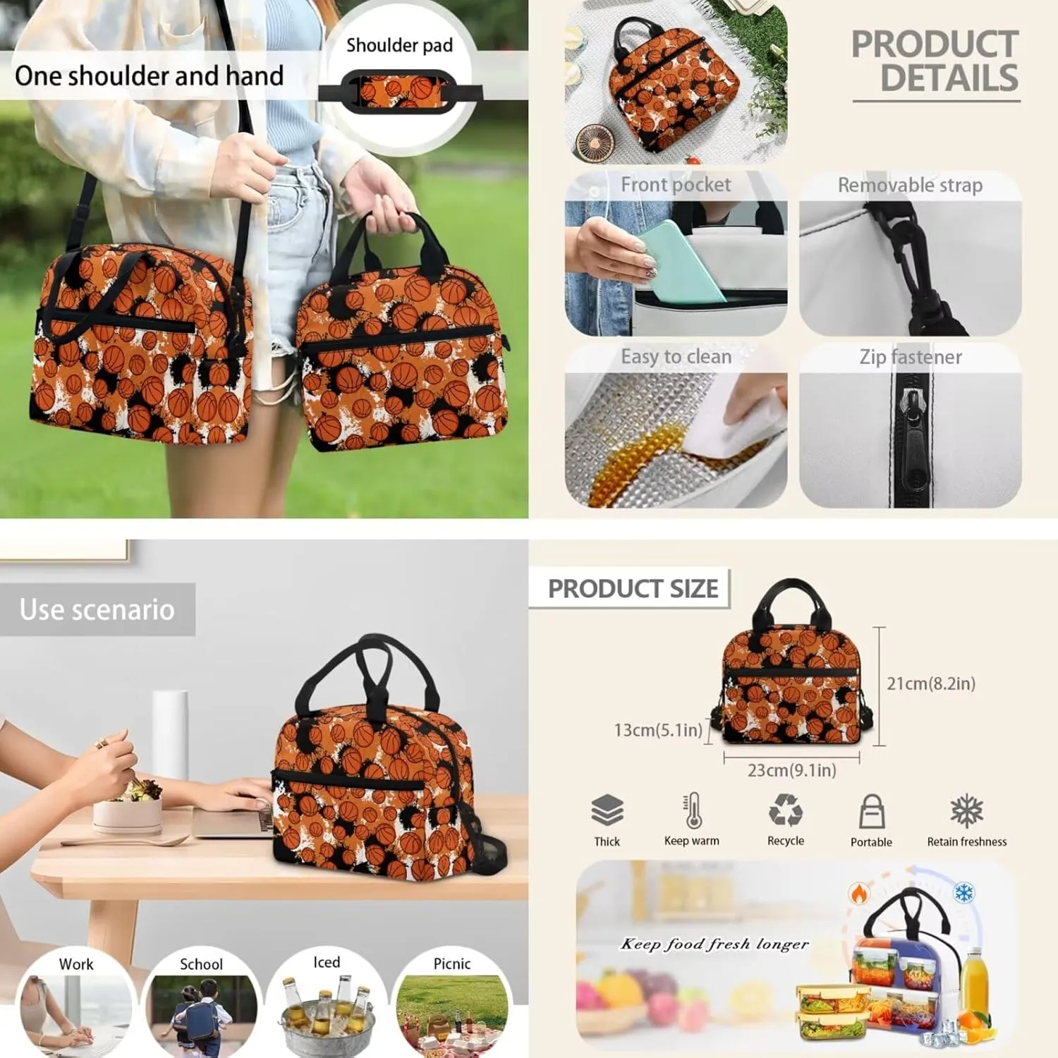 Basketball Print Back Packs School Boys Backpack and Lunch Box Set Practical Multi Compartment Girls Laptop Bookbag with Pencil Case Oil-proof for College